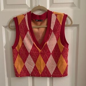Zara Red and Yellow Argyle Knit Vest